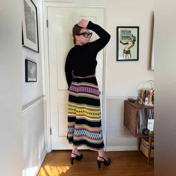 70s Vintage Acrylic Knit Maxi Dress w Funky Striped Bottom - Picture 2 of 4